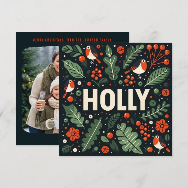 Cartes Pour Fêtes Annuelles Baies et robins décoratifs de Noël (Devant / Derrière)