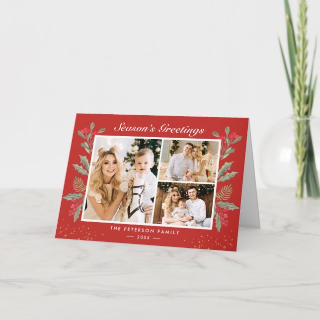 Cartes Pour Fêtes Annuelles Baies noires classiques Red Holly 3 Photo Folk (Devant)