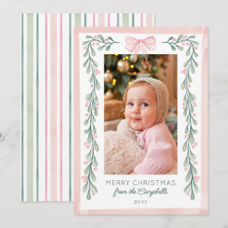 Cartes Pour Fêtes Annuelles Baies roses à l'aquarelle Ruban Photo Joyeux Noël