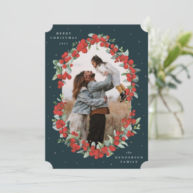 Cartes Pour Fêtes Annuelles Baies rouges foncées vert+Eucalyptus Photo de Noël (Debout devant)