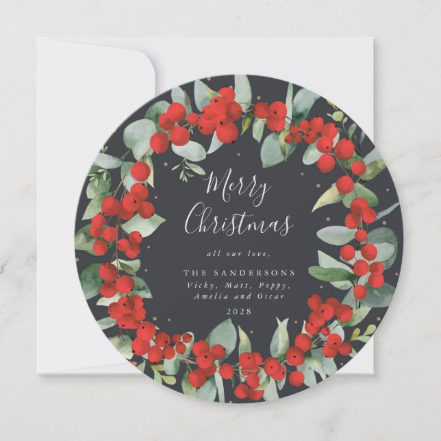 Cartes Pour Fêtes Annuelles Baies rouges rondes + Guirlande de Noël Eucalyptus (Devant)