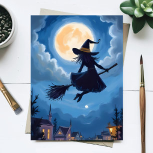 Cartes Pour Fêtes Annuelles Balai de sorcière au clair de lune Halloween Aquar