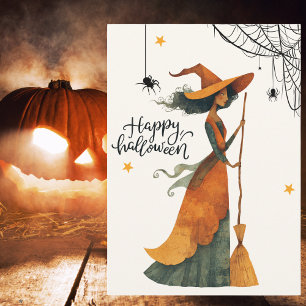 Cartes Pour Fêtes Annuelles Balai de sorcière vintage araignée gothique Hallow