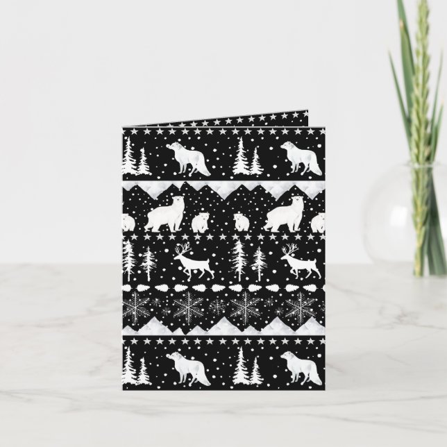 Cartes Pour Fêtes Annuelles Balayage nordique Animaux d'hiver noirs et blancs (Devant)