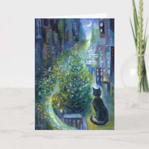 Cartes Pour Fêtes Annuelles Balcon de l'arbre de Noël Vue Chat