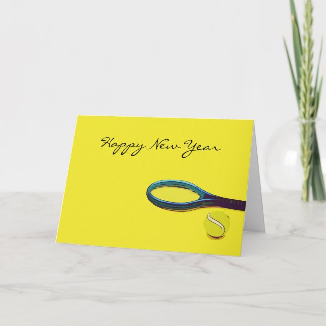 Cartes Pour Fêtes Annuelles Balle de tennis avec raquette sur jaune Bonne Anné (Devant)