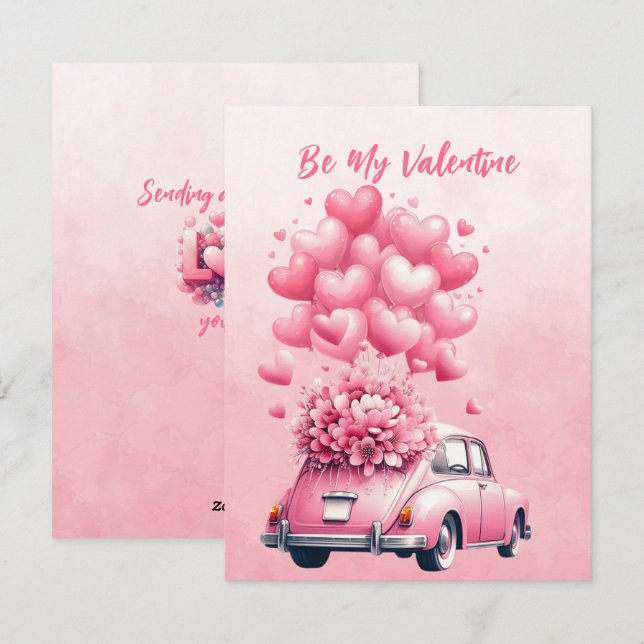 Cartes Pour Fêtes Annuelles Ballons de coeurs roses Voiture rose  (Devant / Derrière)