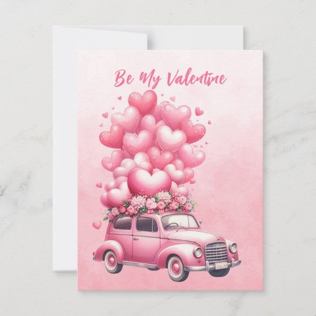Cartes Pour Fêtes Annuelles Balloons Coeurs Roses Voiture En Rose (Devant)