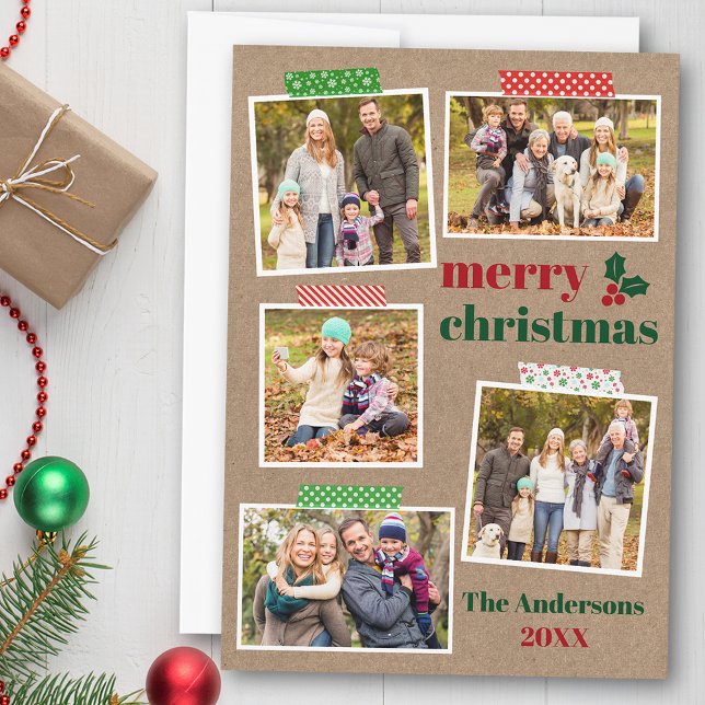 Cartes Pour Fêtes Annuelles Bande artisanale Holly Joyeux Noël 5 Photo Kraft (Customize to add text to back of card.)