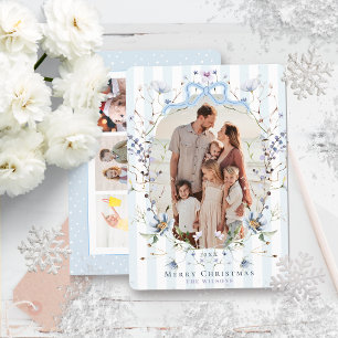 Cartes Pour Fêtes Annuelles Bandes Bleues Pâles & Fleurs de Noël avec Nœud