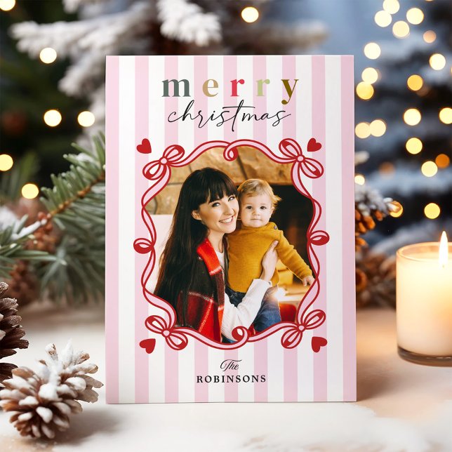 Cartes Pour Fêtes Annuelles Bandes de bonbons roses Joyeux Noël Photo (Créateur téléchargé)