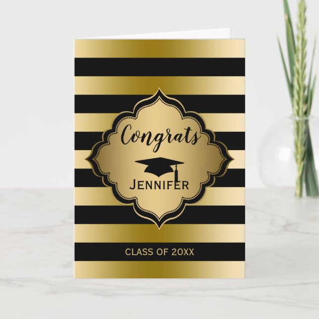 Cartes Pour Fêtes Annuelles Bandes d'or noir - Diplômé (Devant)