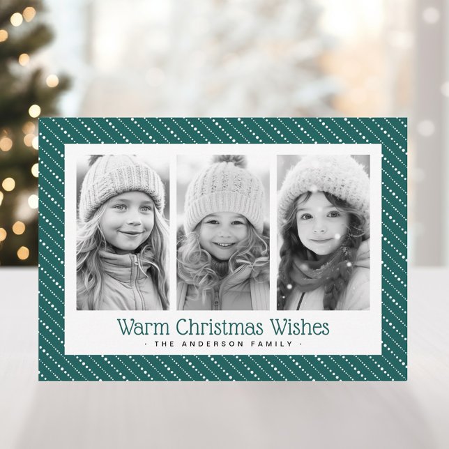 Cartes Pour Fêtes Annuelles Bandes mignonnes pointillées joyeux Noël 3 photos  (Cute dotted stripes merry Christmas 3 photos green Holiday Card)