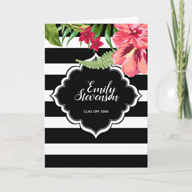 Cartes Pour Fêtes Annuelles Bandes Noires Et Fleurs Tropicales - Graduations (Devant)