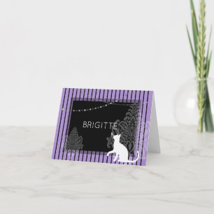 Cartes Pour Fêtes Annuelles Bandes violettes et noires, et chat blanc