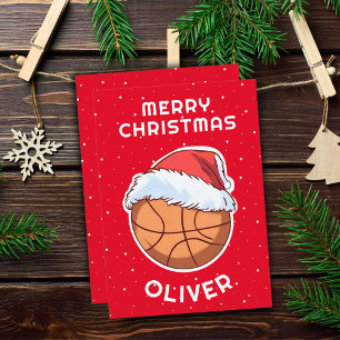Cartes Pour Fêtes Annuelles Basket Ball Rouge Père Noël Nom de l'enfant