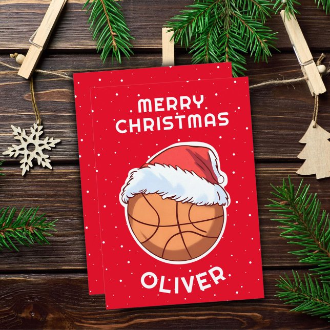 Cartes Pour Fêtes Annuelles Basket Ball Rouge Père Noël Nom de l'enfant (Créateur téléchargé)