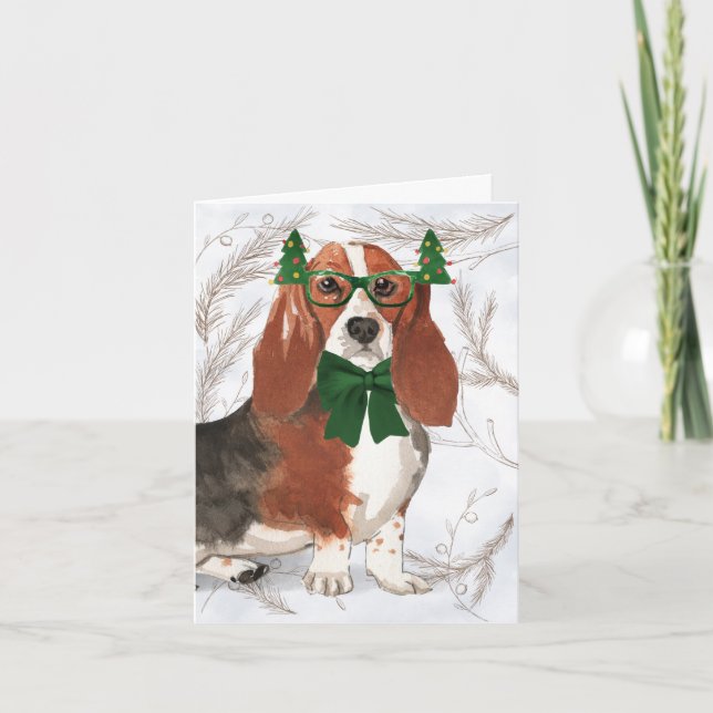 Cartes Pour Fêtes Annuelles Basset de Noël et pins botaniques (Devant)