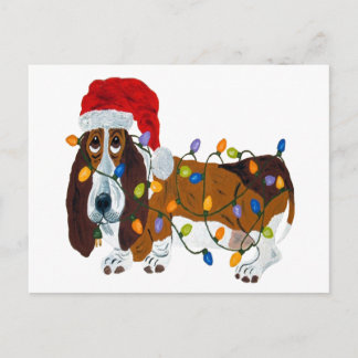 Cartes Pour Fêtes Annuelles Basset embrouillé dans des lumières de Noël