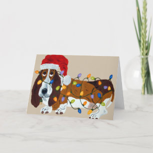 Cartes Pour Fêtes Annuelles Basset embrouillé dans des lumières de Noël