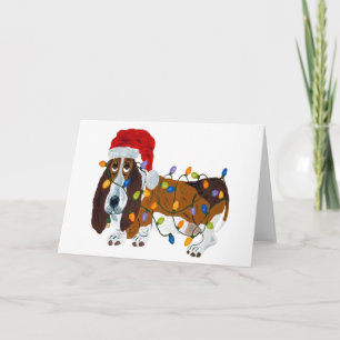 Cartes Pour Fêtes Annuelles Basset emmêlé dans les lumières de Noël