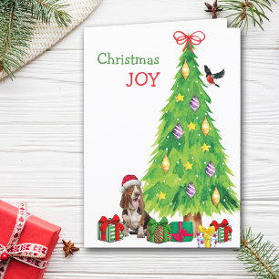 Cartes Pour Fêtes Annuelles Basset Hound Chien, Oiseau et Arbre de Noël