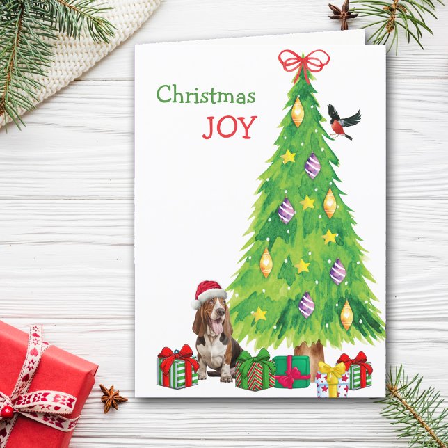 Cartes Pour Fêtes Annuelles Basset Hound Chien, Oiseau et Arbre de Noël (Créateur téléchargé)