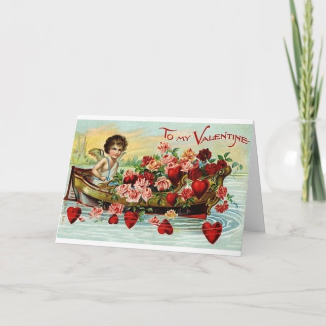 Cartes Pour Fêtes Annuelles Bateau Victorien Cupid Avec Roses & Coeurs Valenti (Devant)