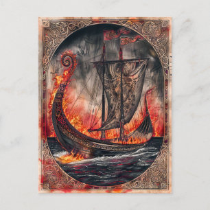 Cartes Pour Fêtes Annuelles Bateau Viking en feu lors d'un rituel funéraire