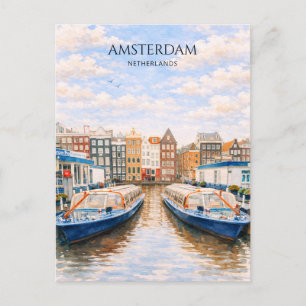 Cartes Pour Fêtes Annuelles Bateaux des canaux d'Amsterdam Aquarelle Scénique