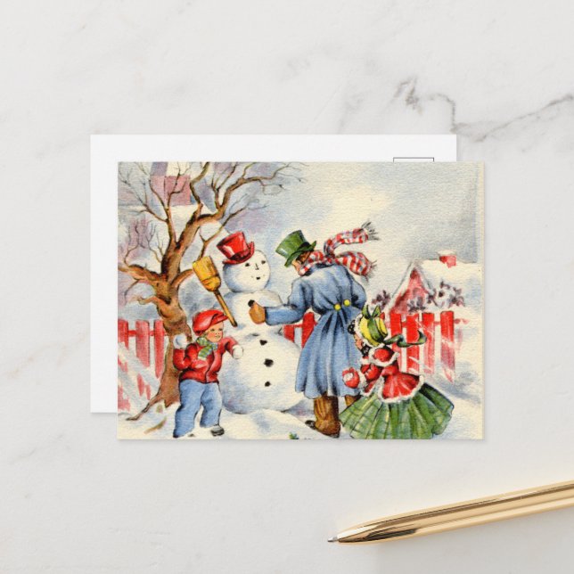 Cartes Pour Fêtes Annuelles bâtiment rétro vintage de Noël enneigeur (Devant/Arrière en situation)