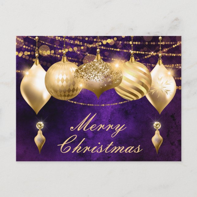 Cartes Pour Fêtes Annuelles Baubles de Noël pourpre et or (Devant)