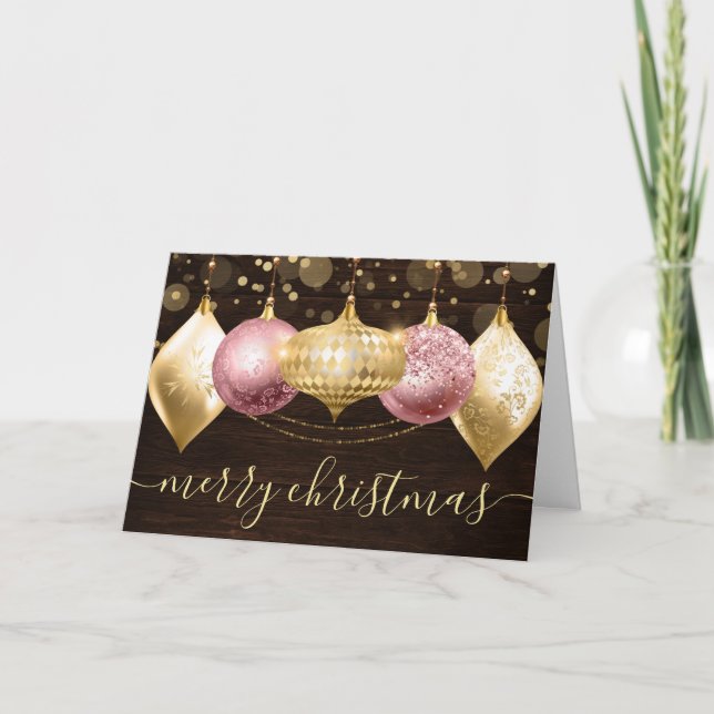 Cartes Pour Fêtes Annuelles Baubles de Noël rose et or (Devant)