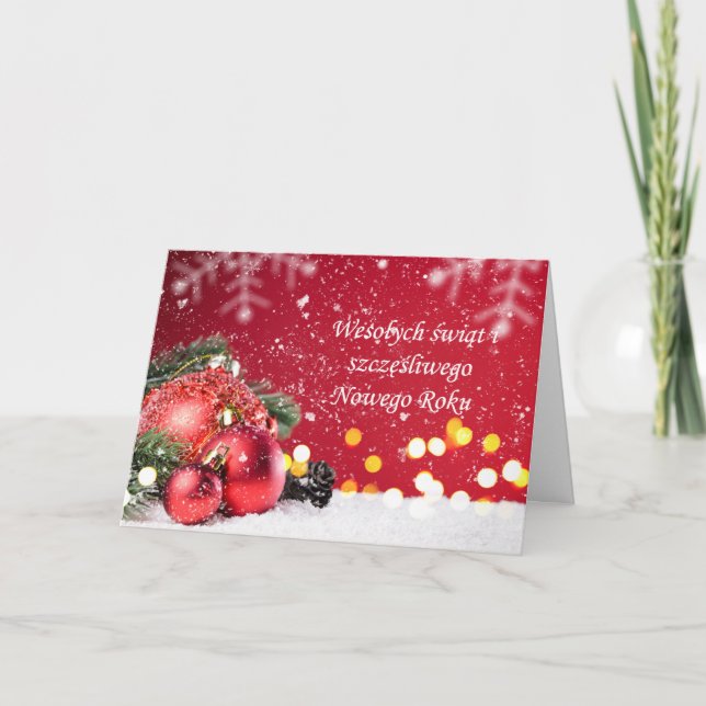 Cartes Pour Fêtes Annuelles Baubles rouges, branches d'épinettes Noël polonais (Devant)