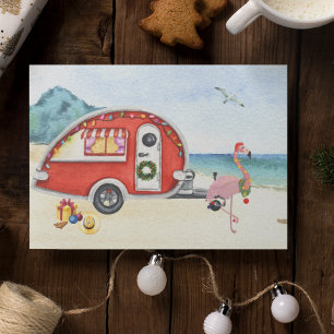 Cartes Pour Fêtes Annuelles Beach Holiday RV Camper Flamant rose de camping