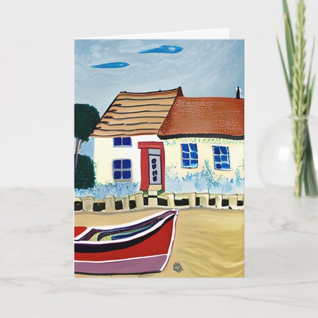 Cartes Pour Fêtes Annuelles Beach House et bateau sur Sandy Beach Anniversaire (Devant)