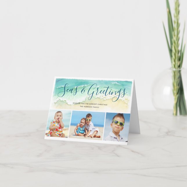Cartes Pour Fêtes Annuelles Beachal Coastal Blue 3-Photo Seas & Salutations (Devant)