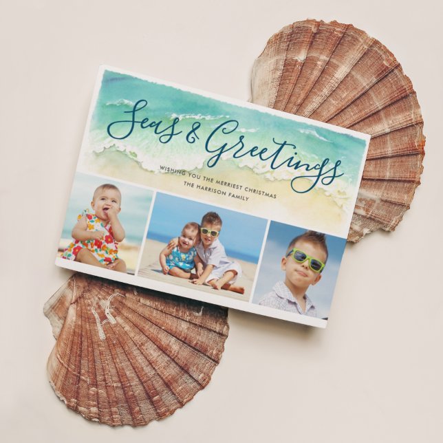 Cartes Pour Fêtes Annuelles Beachal Coastal Blue Trois Photos Seas & Salutatio (Créateur téléchargé)