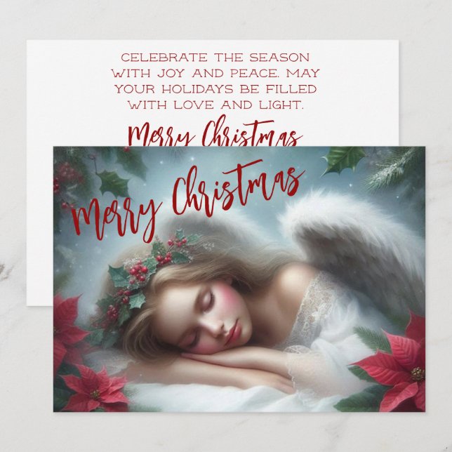 Cartes Pour Fêtes Annuelles Beau ange couché avec Poinsettias (Devant / Derrière)