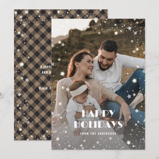 Cartes Pour Fêtes Annuelles Beau Buffalo Plaid Neige Stars Photo (Devant / Derrière)