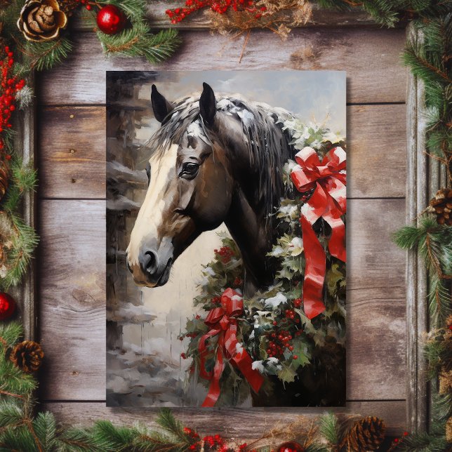 Cartes Pour Fêtes Annuelles Beau Cheval avec couronne Festive Noël (Front - Beautiful Horse with Winter Wreath Christmas Holiday Card)