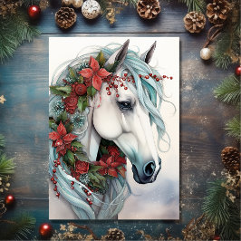 Cartes Pour Fêtes Annuelles Beau Cheval Blanc avec Fleurs Rouges Noël