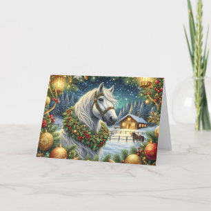 Cartes Pour Fêtes Annuelles Beau cheval blanc et couronne de Noël