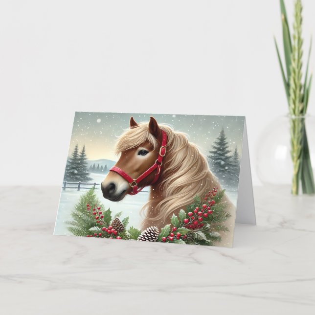 Cartes Pour Fêtes Annuelles Beau cheval d'hiver avec couronne (Devant)