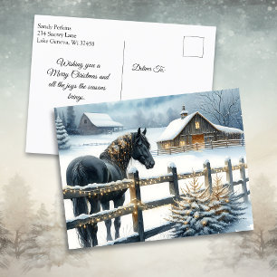 Cartes Pour Fêtes Annuelles Beau Cheval Noir sur une ferme de Noël