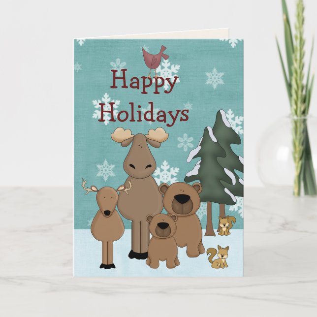 Cartes Pour Fêtes Annuelles Beaux animaux en bois Joyeuses vacances Noël (Devant)