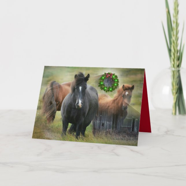 Cartes Pour Fêtes Annuelles Beaux Chevaux Grotte Rustique Noël (Devant)