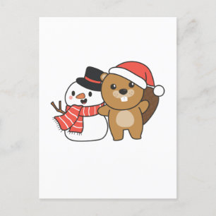 Cartes Pour Fêtes Annuelles Beaver With Snowman In Winter At Christmas