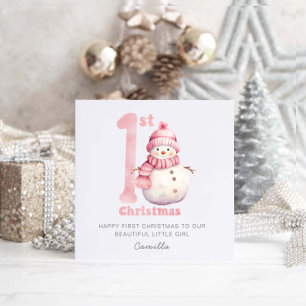 Cartes Pour Fêtes Annuelles Bébé 1er Noël mignon Snowman rose