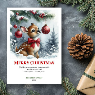 Cartes Pour Fêtes Annuelles Bébé cerf charmant forêt enneigée aquarelle Noël